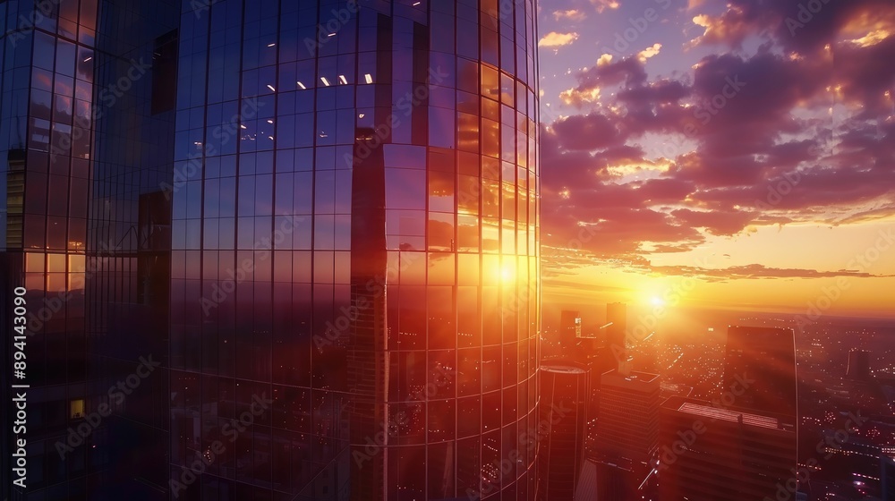 Futuristic skyscraper with curved glass walls reflecting the sunset Futuristic skyscraper with curved glass walls reflecting the sunset