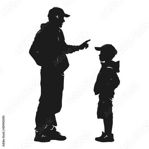 Silhouette of father scolding his son. Parent-child relationship, discipline, and guidance concept