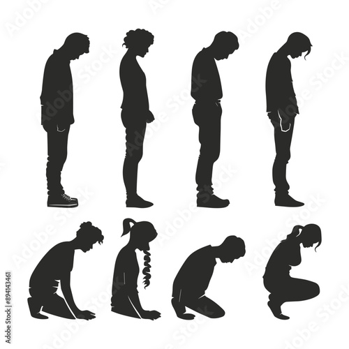 Silhouettes of People Bowing or Kneeling, Respect, Humility, or Prayer