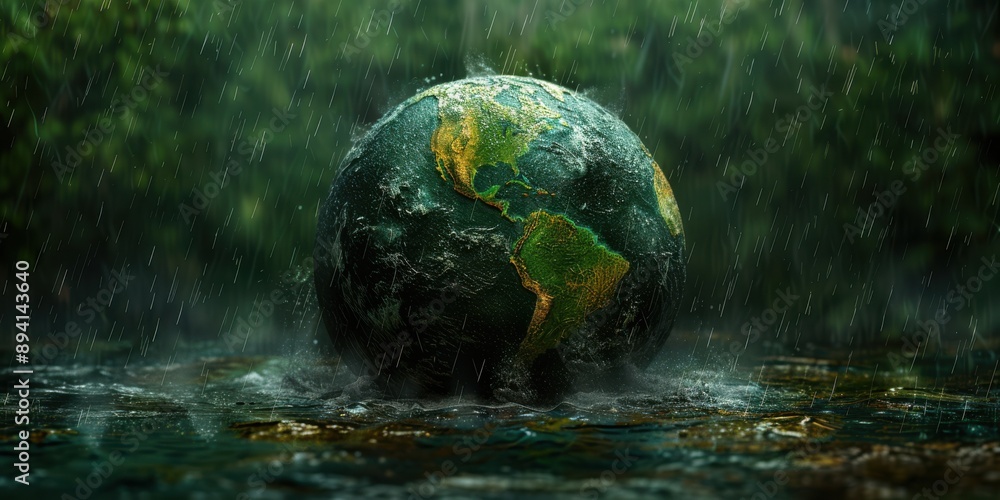 The image shows a globe, representing Earth, in the middle of a lush green forest. The image shows a globe, representing Earth, in the middle of a lush green forest.