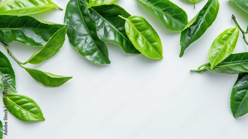 Obraz premium Detailed look at freshly picked green tea leaves on white, from homegrown organic plantation. Food concept with clipping path and copy space