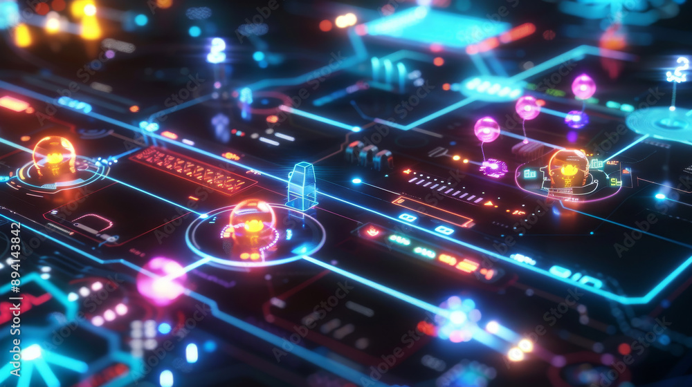Visualize a futuristic digital logic game interface on a computer screen. The game involves connecting circuits to light up bulbs, and the player is strategizing the best way to complete the challenge Visualize a futuristic digital logic game interface on a computer screen. The game involves connecting circuits to light up bulbs, and the player is strategizing the best way to complete the challenge
