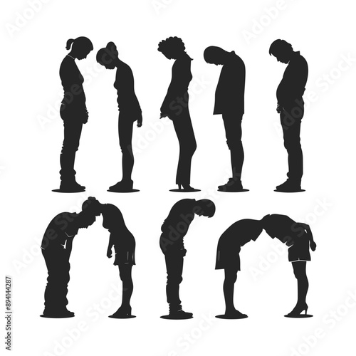 Silhouettes of People Bowing, Respectful Gesture, Body Language, Etiquette