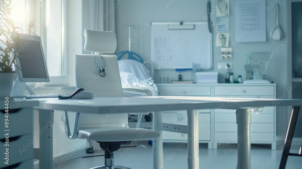 Bright and modern doctor's office with empty workplace, featuring a white lab coat on a desk, white paper, telephone, and medical tools by a therapy bed in a clean and contemporary clinic setting Bright and modern doctor's office with empty workplace, featuring a white lab coat on a desk, white paper, telephone, and medical tools by a therapy bed in a clean and contemporary clinic setting