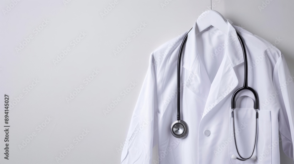 Doctor's white coat with stethoscope hanging on a hook against a white background with ample copy space for medical or healthcare related text, ideal for science, medical, and health industry themes Doctor's white coat with stethoscope hanging on a hook against a white background with ample copy space for medical or healthcare related text, ideal for science, medical, and health industry themes