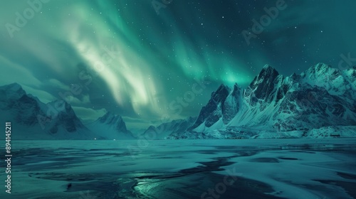 Northern Lights Above Frozen Lake and Mountains