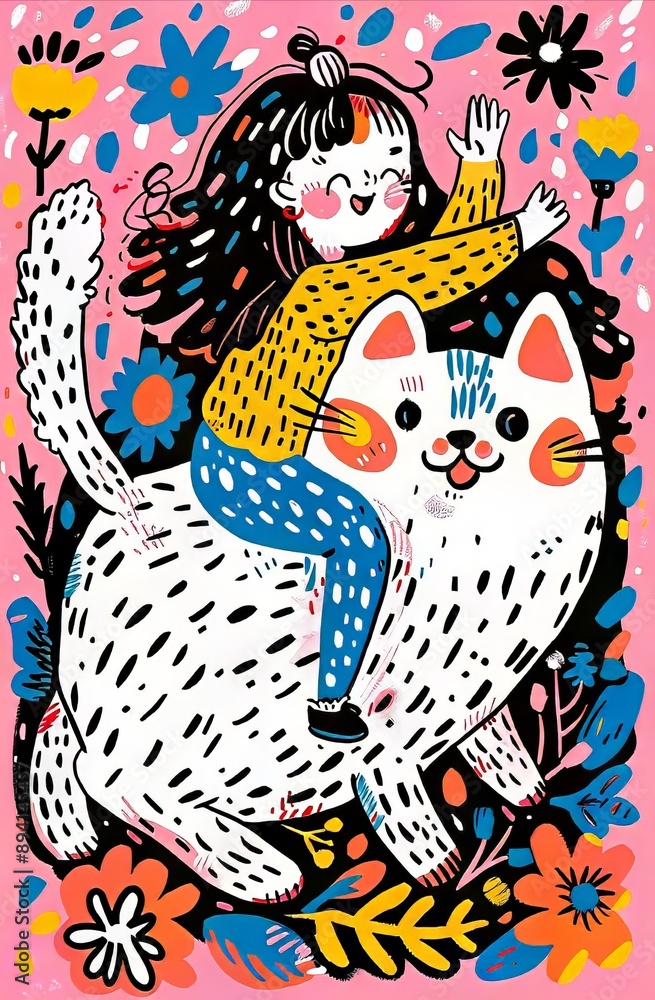 A cartoon illustration of a happy girl riding a giant white cat through a field of colorful flowers A cartoon illustration of a happy girl riding a giant white cat through a field of colorful flowers