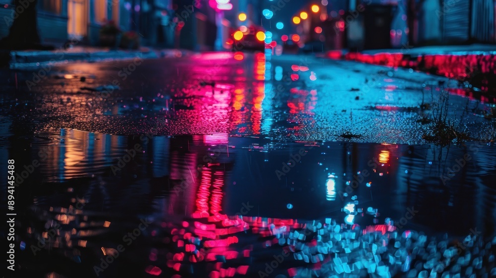 Obraz premium Neon Lights Reflected in a Puddle