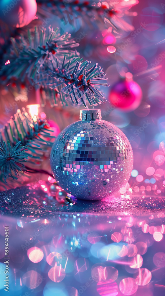 Fototapeta premium Shiny disco ball pink silver Christmas ornaments modern reflective tree decor festive glam party metallic tiles background holiday banner lux pretty magical sparkle modern background promo concept