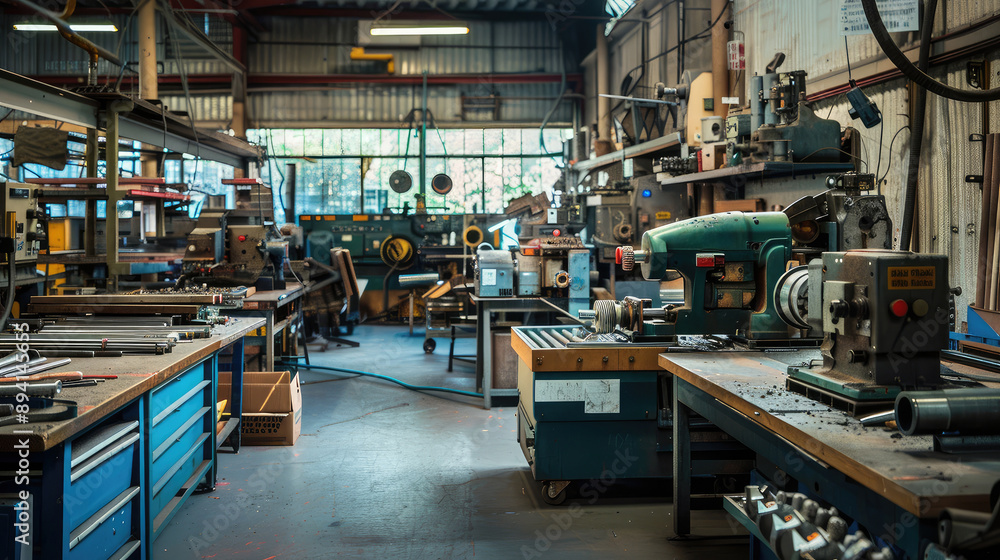 Busy Industrial Workshop with Technical Machinery and Tools