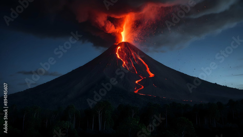 volcano erupts in the night sky