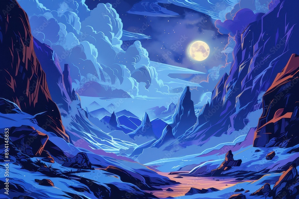 Fototapeta premium Mystical moonlit mountain landscape with river flowing through valley