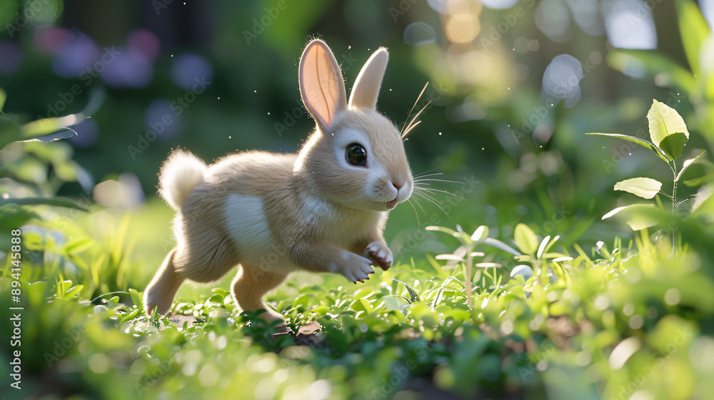 Adorable 3D bunny in a running pose, featuring a simple, streamlined ...