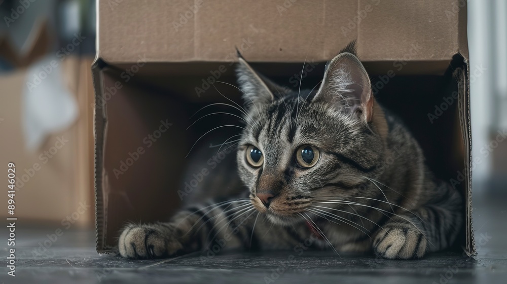 cute grey tabby cat in cardboard box on floor at home cute grey tabby cat in cardboard box on floor at home