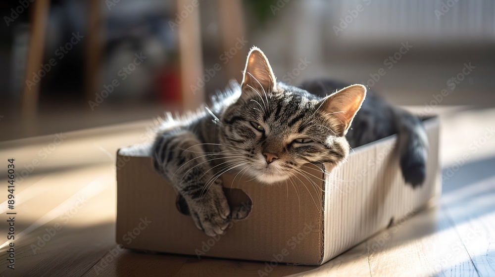 cute grey tabby cat in cardboard box on floor at home cute grey tabby cat in cardboard box on floor at home