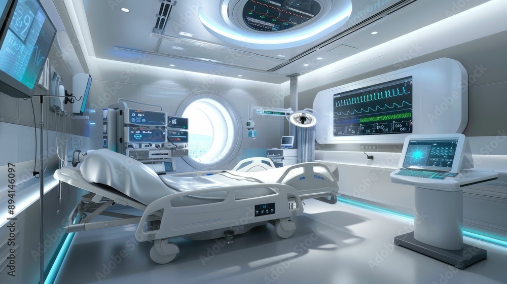 High-tech hospital room with automated monitoring systems High-tech hospital room with automated monitoring systems