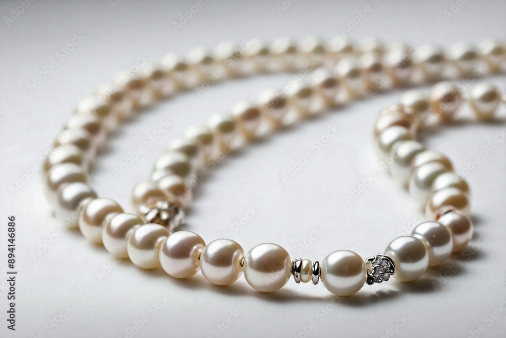 Pearl Necklace on White Background: A pearl necklace laid out in a gentle curve on a plain white background. Pearl Necklace on White Background: A pearl necklace laid out in a gentle curve on a plain white background.