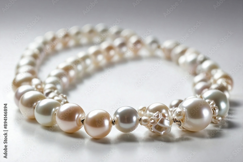 Pearl Necklace on White Background: A pearl necklace laid out in a gentle curve on a plain white background. Pearl Necklace on White Background: A pearl necklace laid out in a gentle curve on a plain white background.
