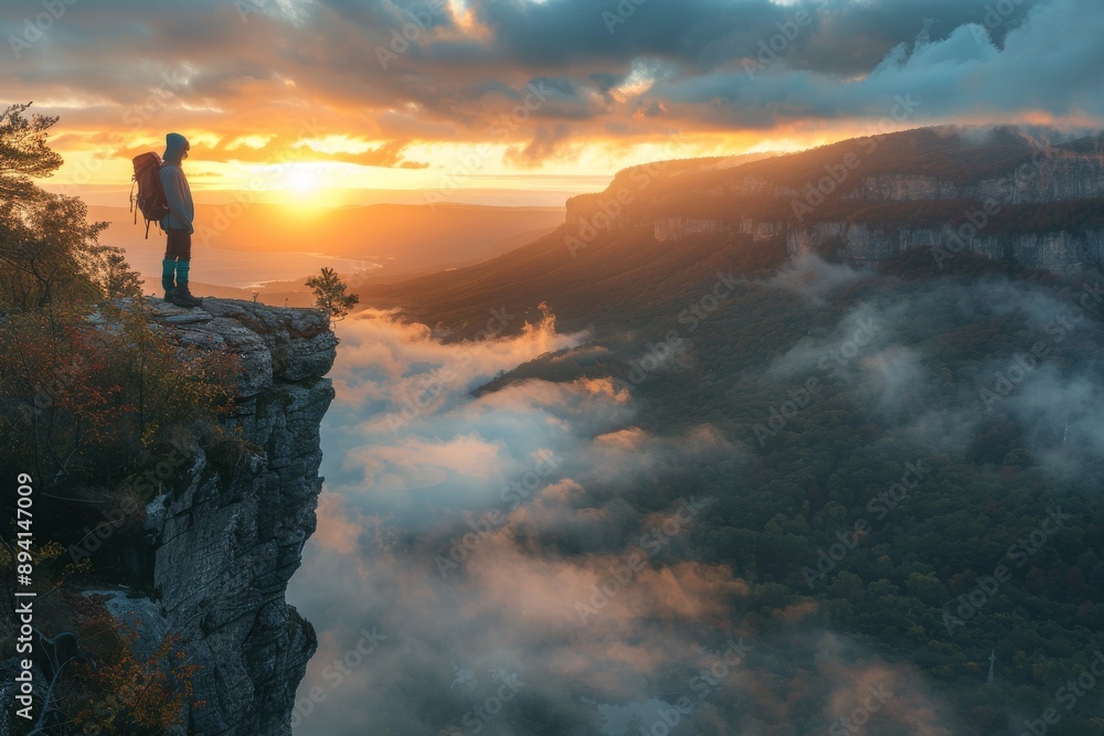 Obraz premium Hiker Admiring Sunrise Over Misty Mountain Valley
