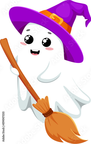 Cartoon cute kawaii Halloween ghost character wears charming witch hat and carrying a broomstick. Adorable vector spirit monster personage exuding spookiness and cuteness during festive party night