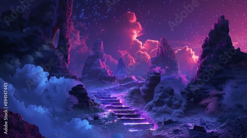 Fantasy Landscape with Purple and Pink Mountains and Stairs © vixion