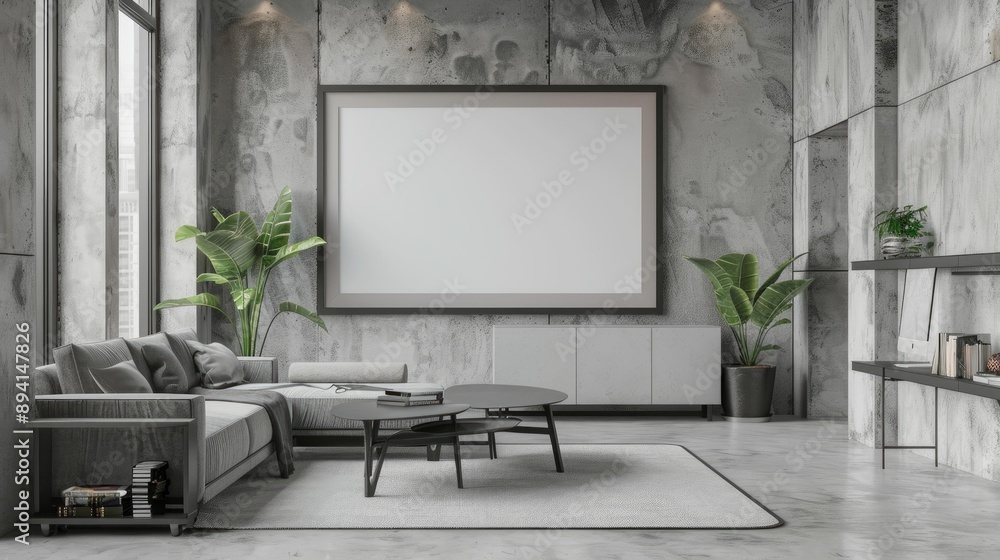 Large blank frame in a minimalist office with sleek furniture Large blank frame in a minimalist office with sleek furniture