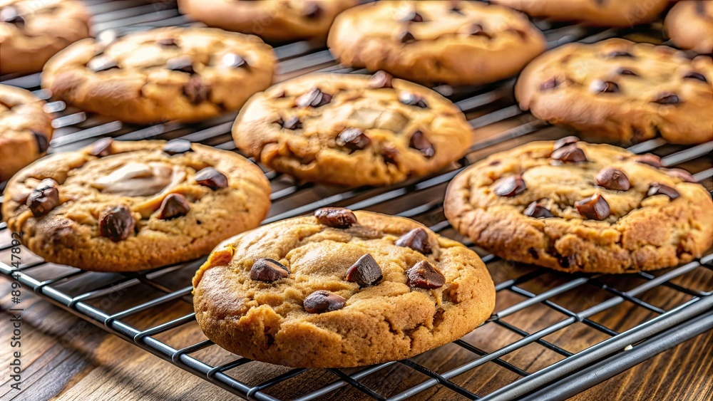 Close-up of freshly baked chocolate chip cookies on a cooling rack, chocolate chip, cookies, dessert, snack, homemade Close-up of freshly baked chocolate chip cookies on a cooling rack, chocolate chip, cookies, dessert, snack, homemade