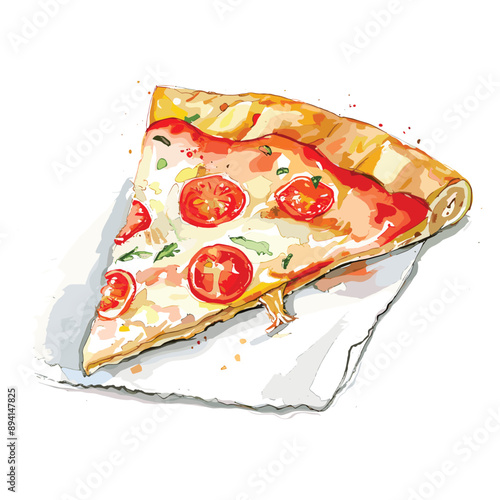 Watercolor Illustration of a Slice of Pizza with Tomato and Cheese