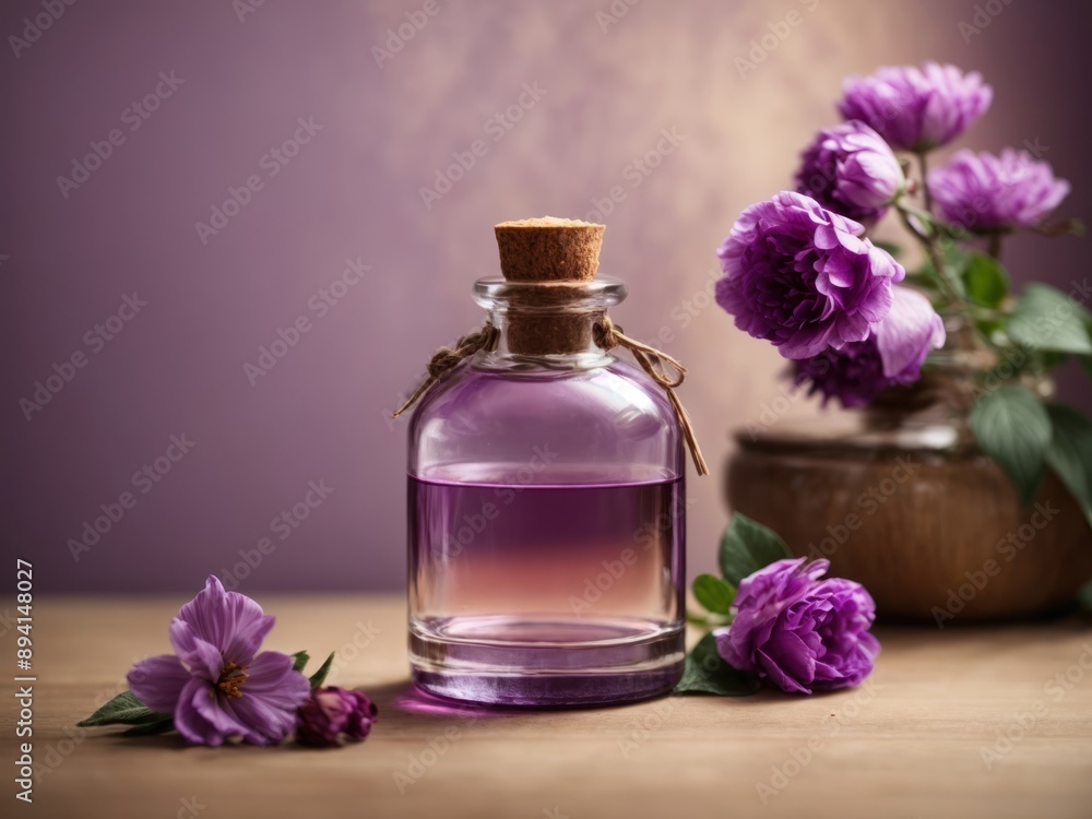 Fresh scent of purple flower in glass bottle at beige background Fresh scent of purple flower in glass bottle at beige background