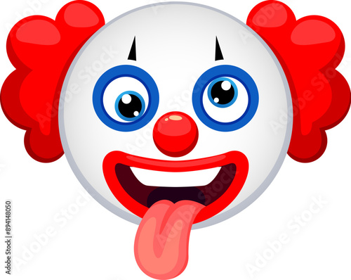 Cartoon Halloween sinister clown emoji character with a crazy foolish expression, squint eyes, and sticking tongue. Spine-chilling spooky emoticon for holiday messages, applications, and festivities