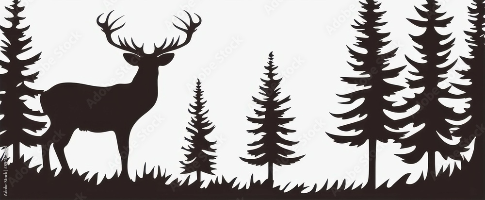 Explore the serene black silhouette of deer amidst forest trees, perfect for camping lovers or as a natureinspired logo. Explore the serene black silhouette of deer amidst forest trees, perfect for camping lovers or as a natureinspired logo.