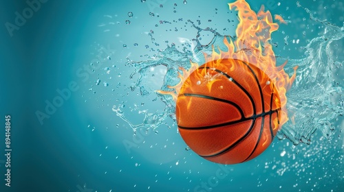 Wallpaper Mural Dynamic basketball bursting with fire and water, showcasing energy and power in sports against a striking blue backdrop. Torontodigital.ca