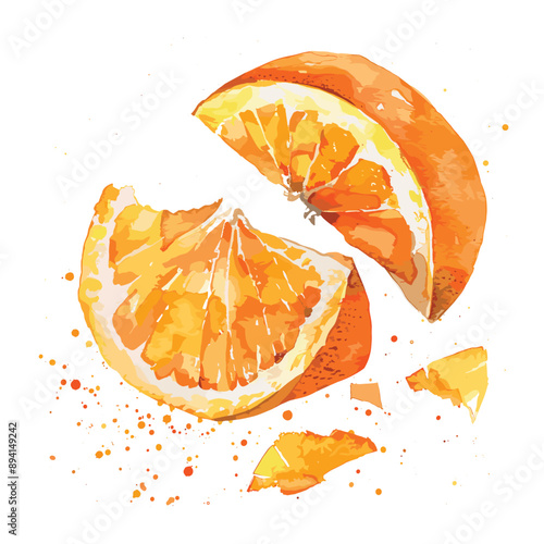 Watercolor painting of sliced orange with orange zest and splashes