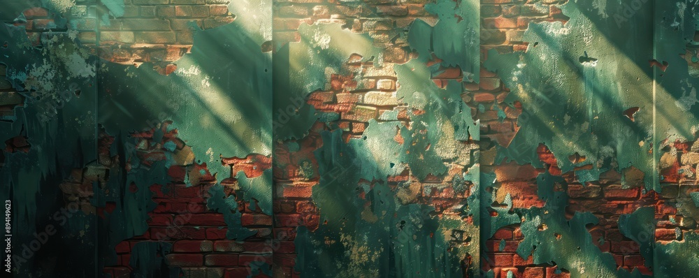 Fototapeta premium Distressed Brick Wall with Shadowed Light Rays, Vintage Texture, Grunge Background, Aged Surface, Abstract Art, Industrial Style, Urban Photography, Weathered Brickwork, Architectural Detail, Rustic