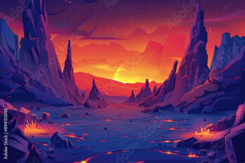 Alien planet landscape with vibrant sunset and rocky terrain