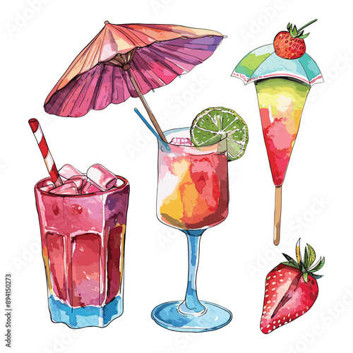 Watercolor Illustration of Summer Cocktails with Umbrella, Strawberry & Lime