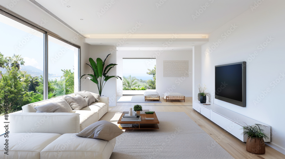 Modern living room interior with white shade, simple furniture Modern living room interior with white shade, simple furniture