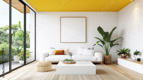 Modern living room interior with yellow shade, simple furniture