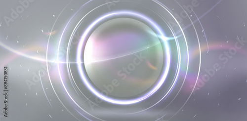 White neon light halo effect. Vector realistic illustration of banner background with abstract round frame, shiny particles sparkling around magic energy portal, solar eclipse, holographic aura flare