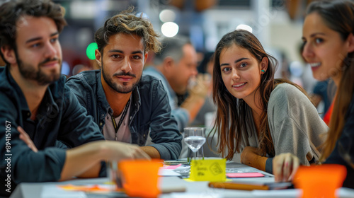 Group of young professionals collaborating during a casual meeting at a coworking space, fostering creativity and teamwork.