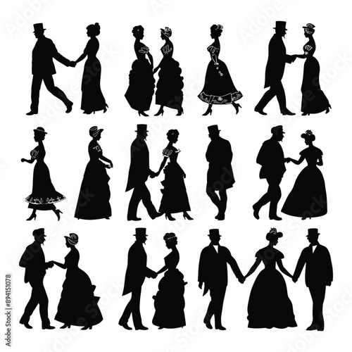 Silhouettes of couples dancing in vintage clothing