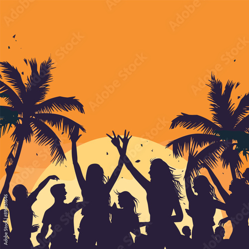 Silhouette of people dancing at a party on a beach at sunset