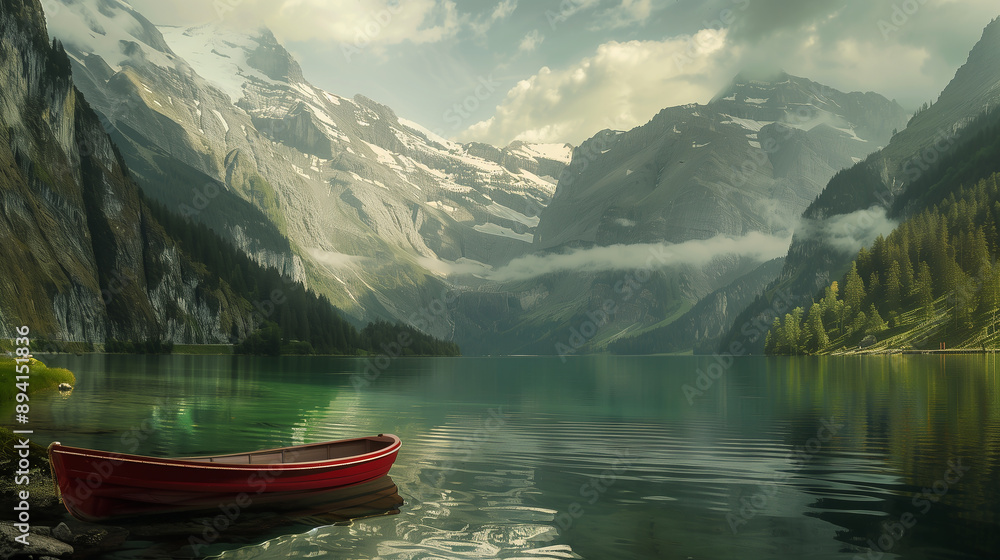A boat against the backdrop of mountains in Switzerland. Traveling lake between Switzerland and the Alps A boat against the backdrop of mountains in Switzerland. Traveling lake between Switzerland and the Alps