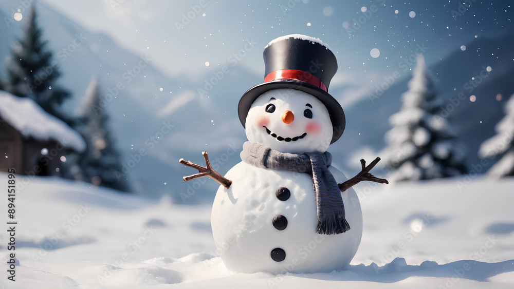 Happy snowman standing in Christmas winter background Happy snowman standing in Christmas winter background