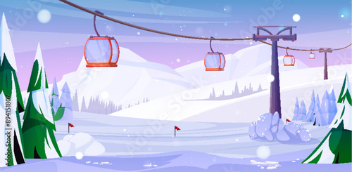 Winter ski mountain resort with white snow hills, green spruce trees and red cabins on lift cable. Cartoon vector illustration of snowy scenery with cableway. Modern gondola on cablecar funicular.