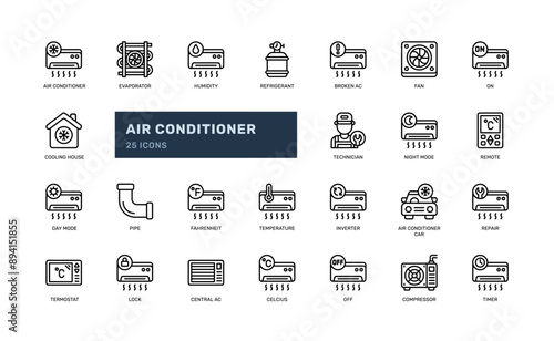 air conditioner cooling control system maintenance and service outline line icon set
