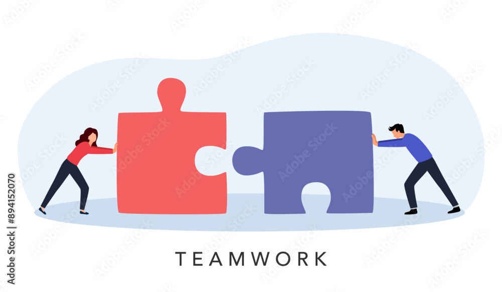 Business people pushing huge pieces of one puzzle towards each other. Teamwork concept. Business people pushing huge pieces of one puzzle towards each other. Teamwork concept.
