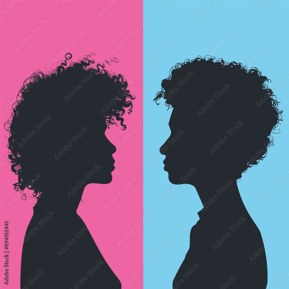 Two Black Silhouettes Facing Each Other on Pink and Blue Background Two Black Silhouettes Facing Each Other on Pink and Blue Background