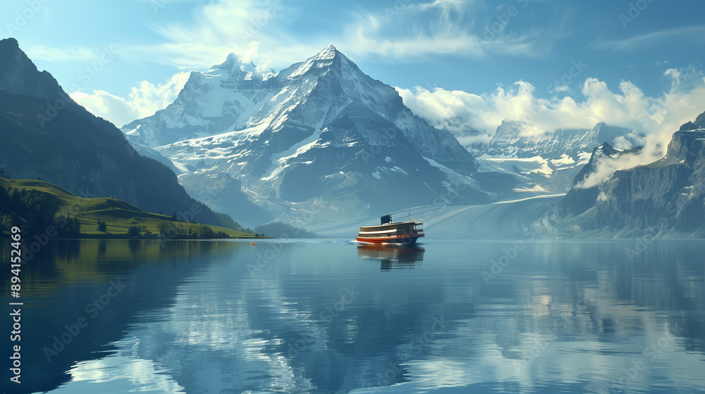 A boat against the backdrop of mountains in Switzerland. Traveling lake between Switzerland and the Alps A boat against the backdrop of mountains in Switzerland. Traveling lake between Switzerland and the Alps