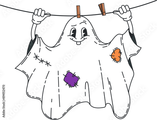 Cartoon Halloween groovy ghost character for horror night holiday, vector cartoon funky boo. Groovy funny ghost in sheet with patches on clothesline with clothespins, spooky comic boo for Halloween